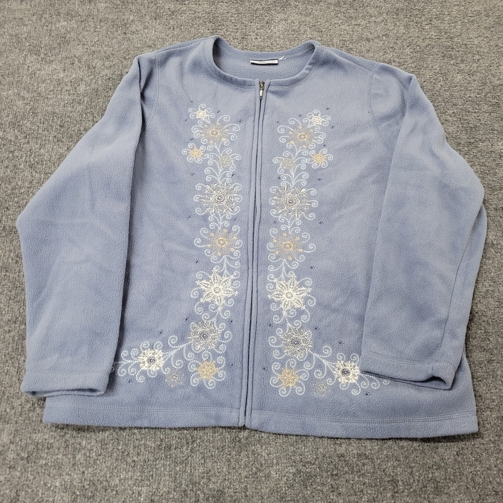 Croft & Barrow Fleece Jacket Womens XL Blue Floral Embroidered Full Zip Sweater